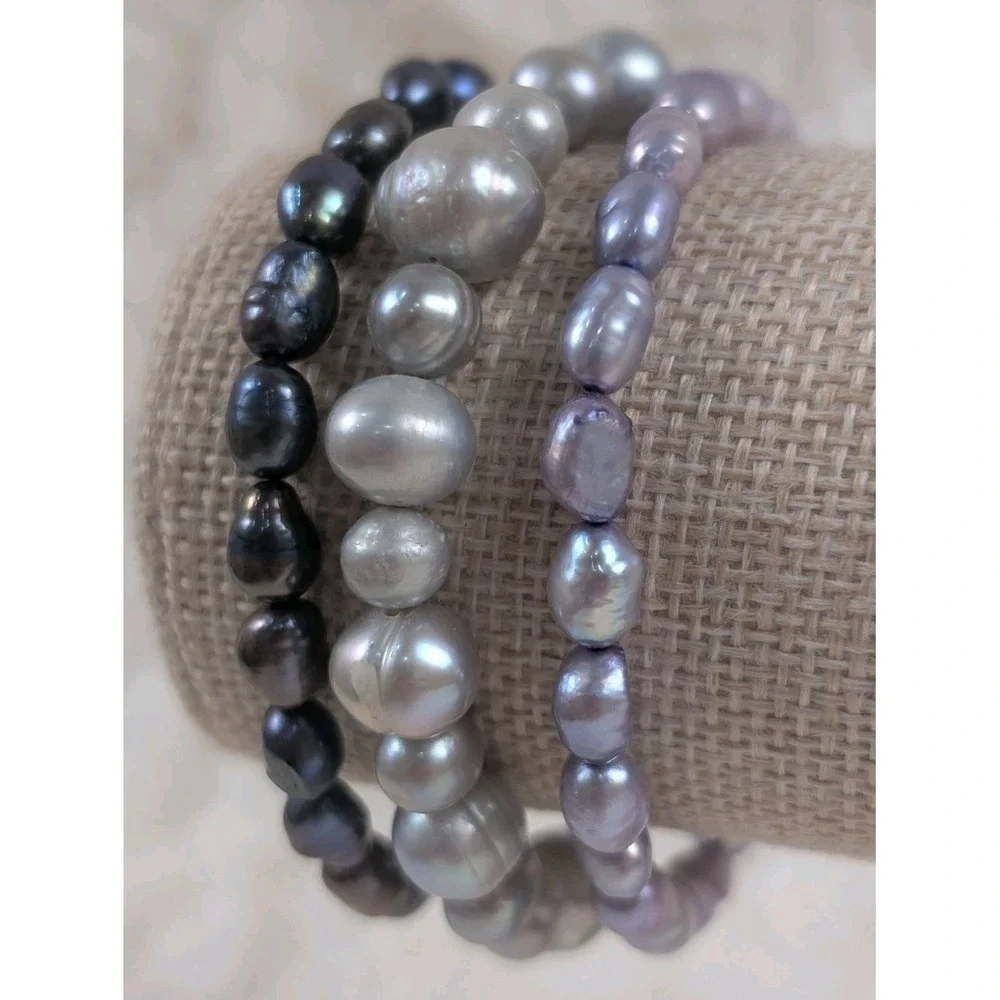 Freshwater Pearl Stretch‎ Bracelet Set Black Gray Purple Baroque Stackable